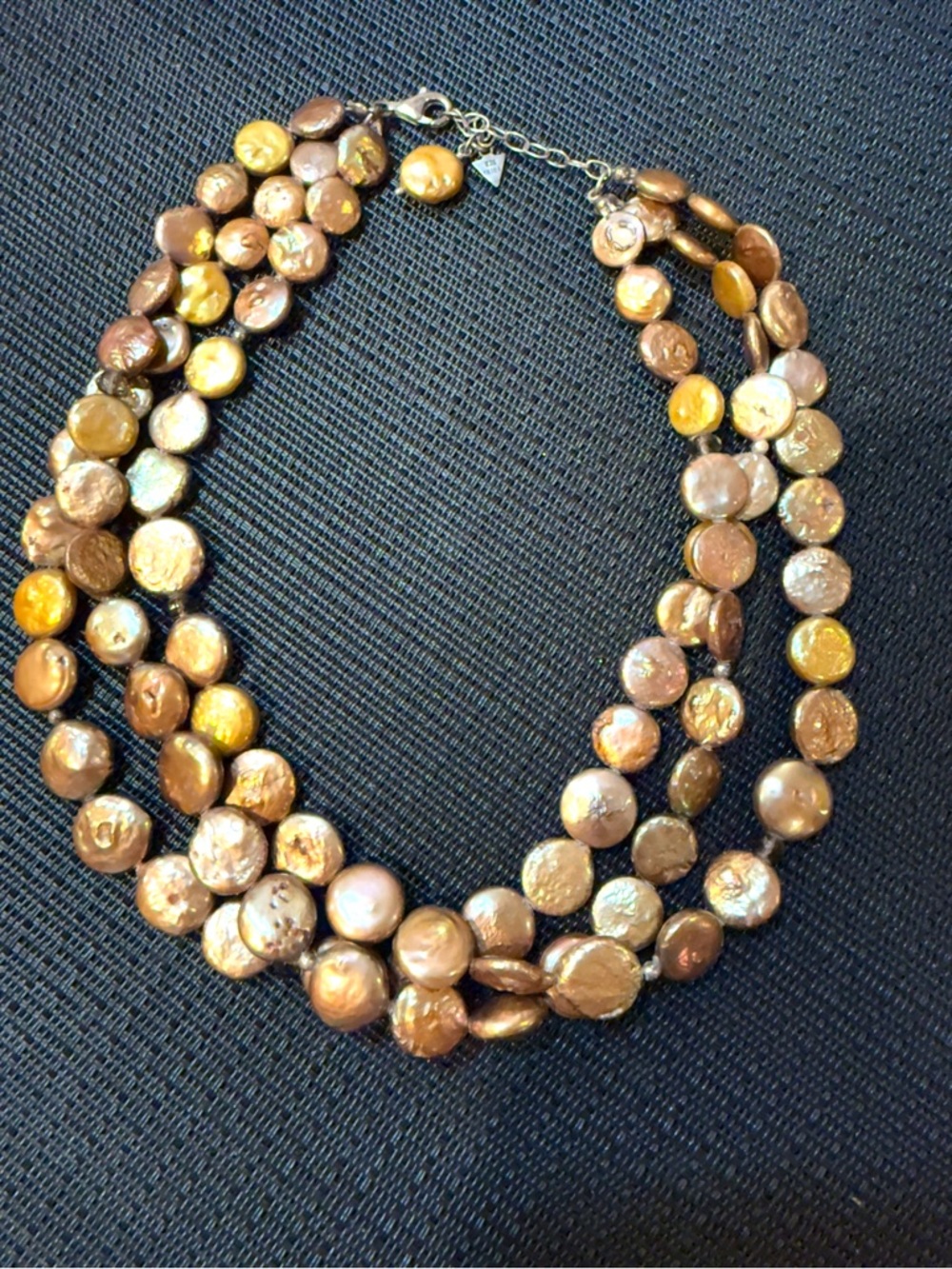 3-Strand Coin Pearl Necklace 925 Sterling Silver Clasp Gold Tone Freshwater Boho - Picture 15 of 16